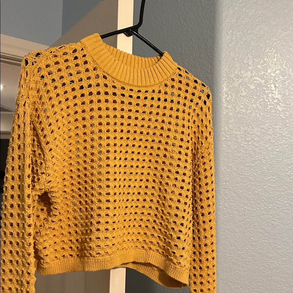 H&M Women's Mustard Open-Knit Crew Sweater cropped